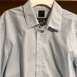 H$M Light blue/small white polka dots.  Slim fit.